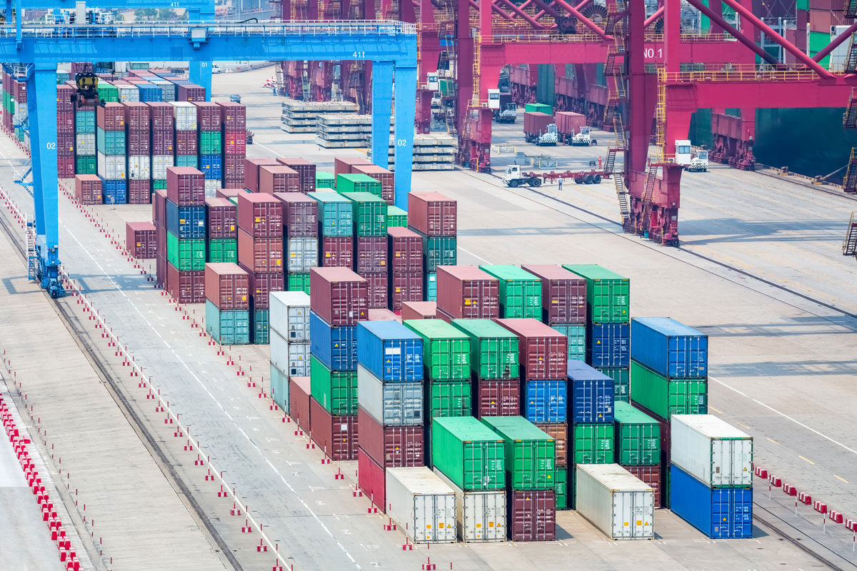 Aerial view of shipping port with containers