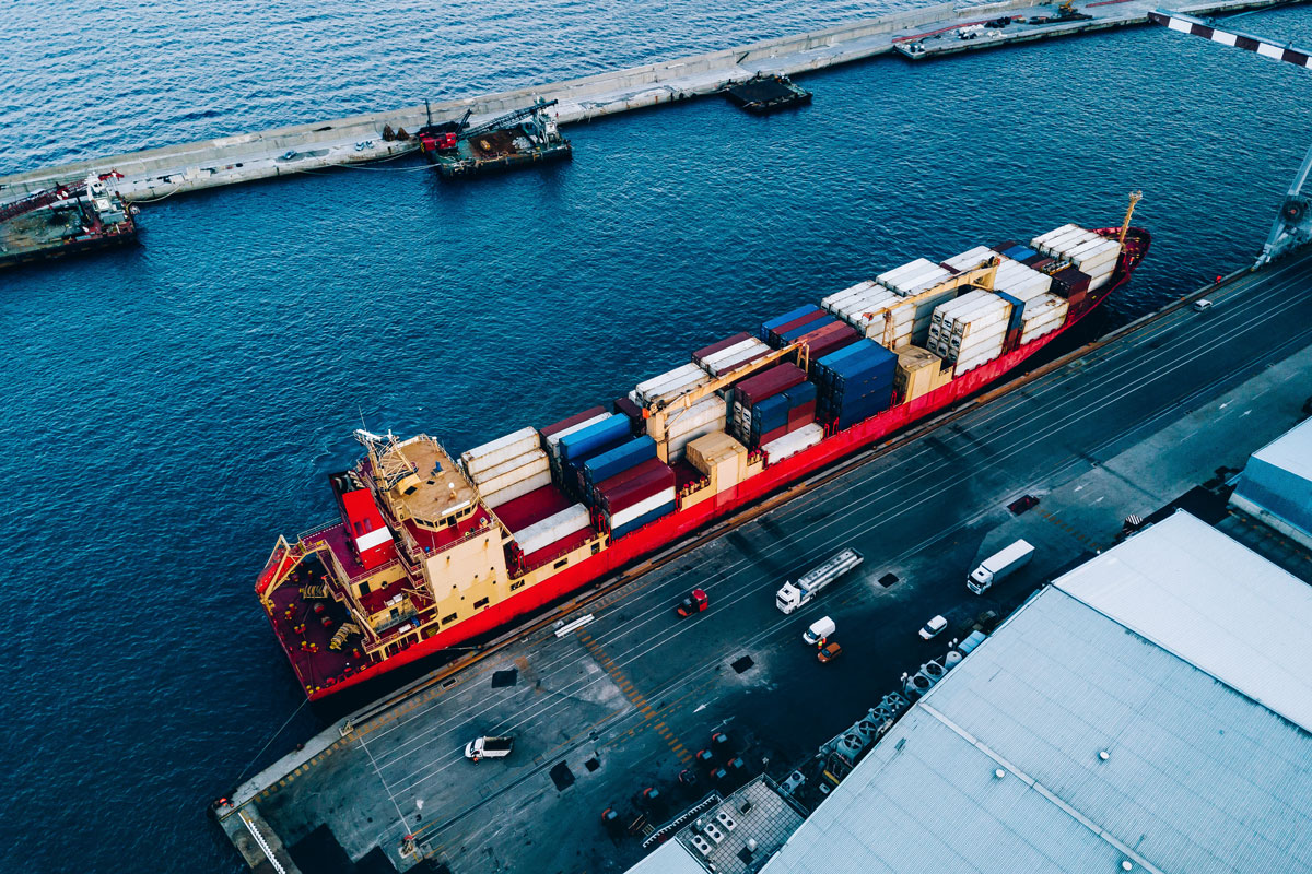 Aerial view of cargo ship at port