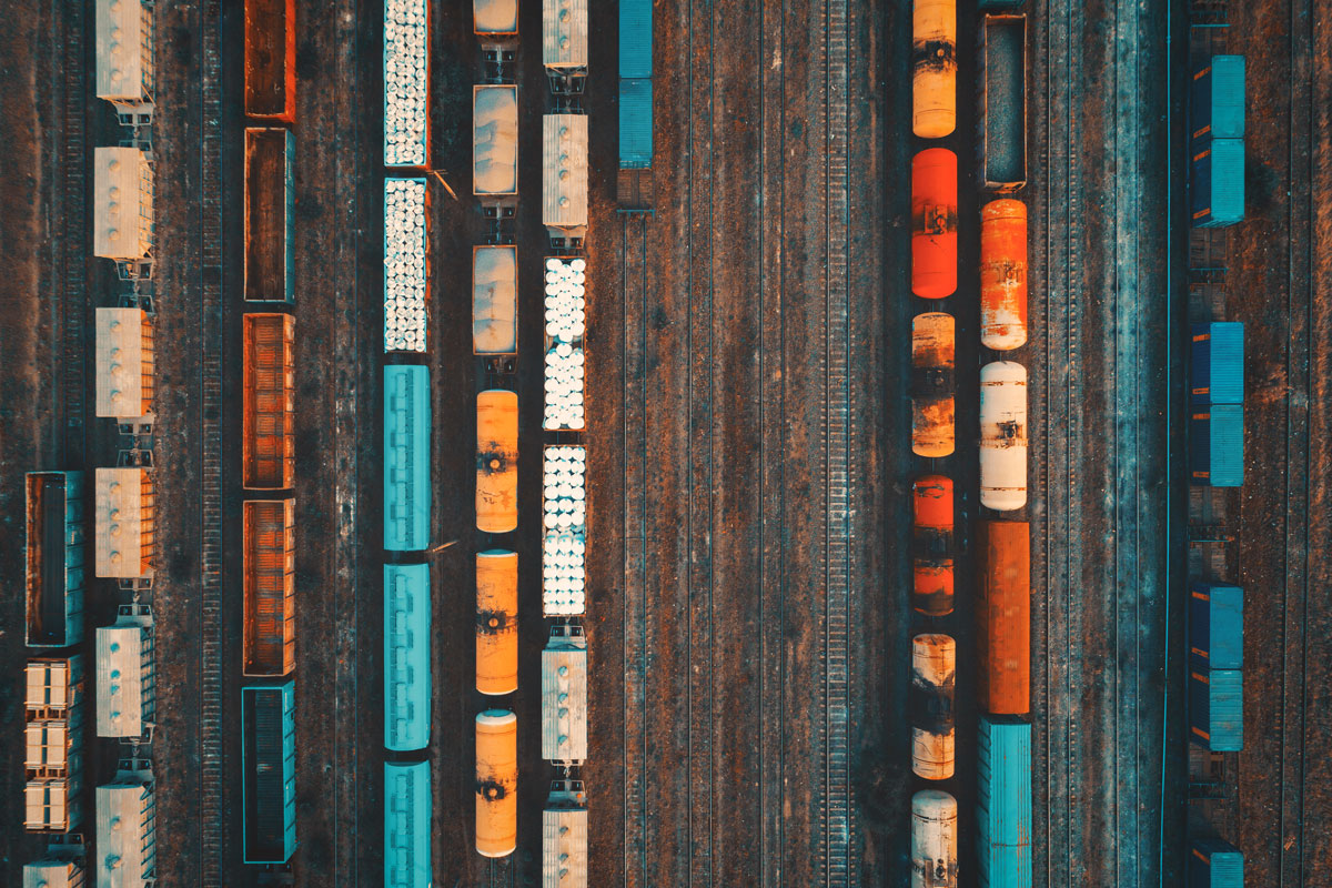 Aerial view of railway yard with freight trains