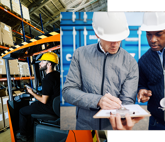 Industrial workers in warehouse and construction site